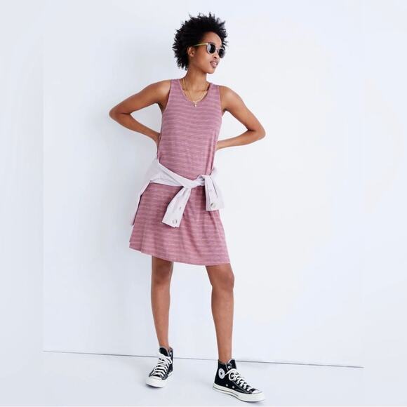 Madewell Highpoint Tank Dress in Chapin Stripe Sz Large Weathered Berry - Picture 1 of 13